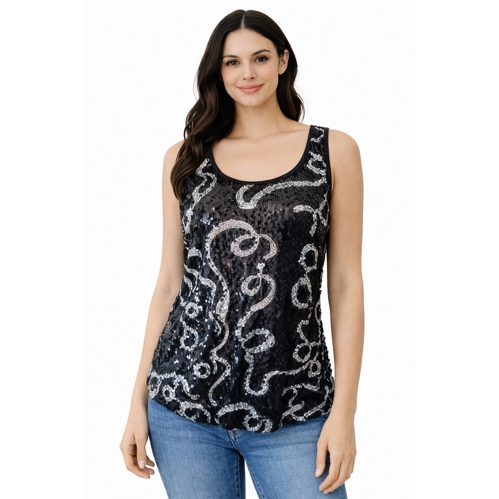 Dressbarn‎ Women Sequin Tank Top Black Silver Swirl Sleeveless Party Blouse M